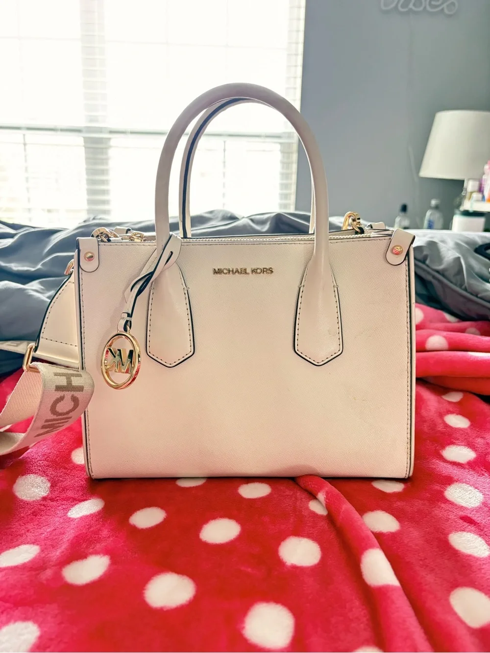Michael Kors Cream Saffiano Satchel with Gold Hardware